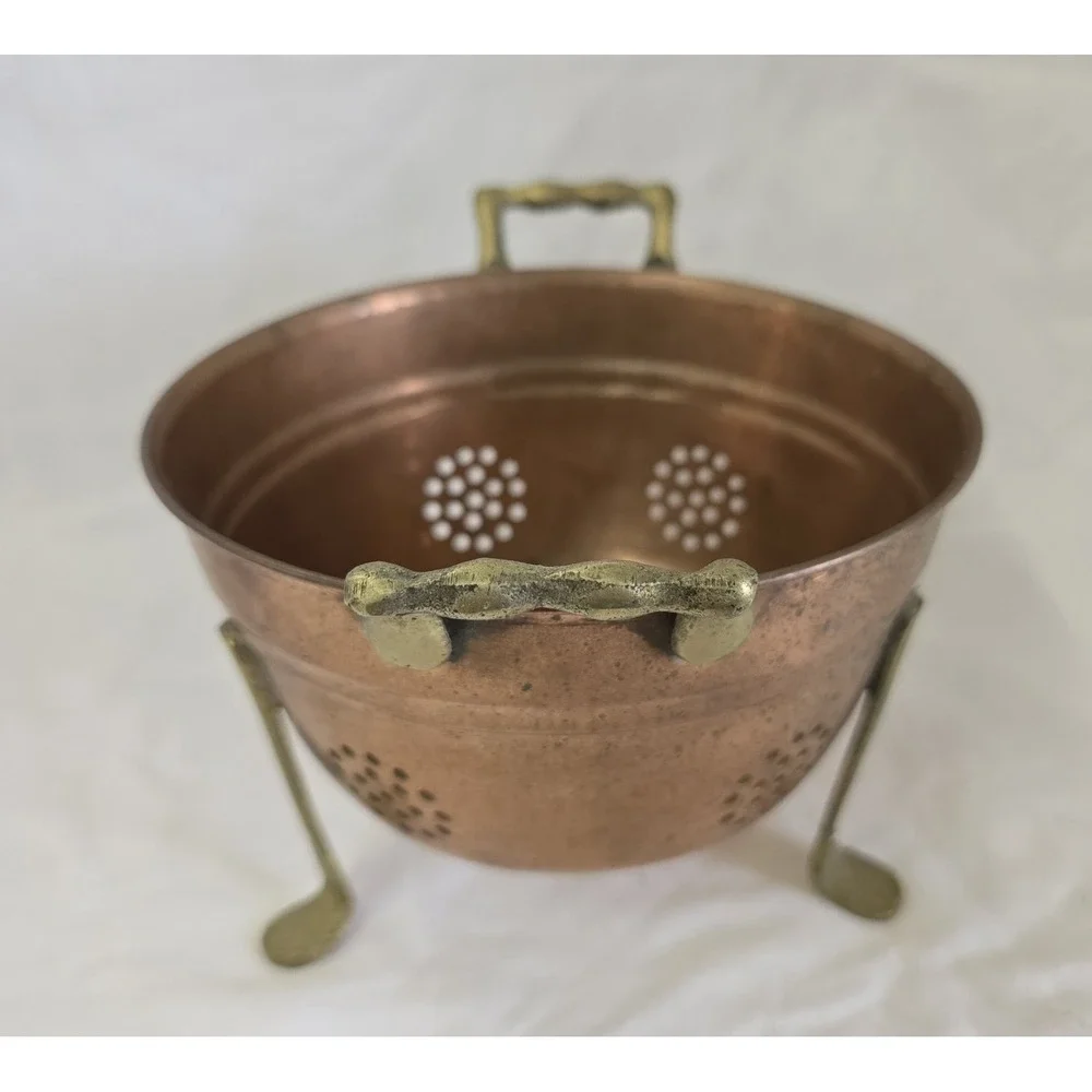Vintage Small Copper Footed Colander Berry Strainer Brass Feet Cottage Farmhouse